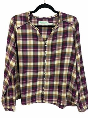 Aventura Organic Cotton Plaid Button Front Blouse Purple Cream Long Sleeve Top M